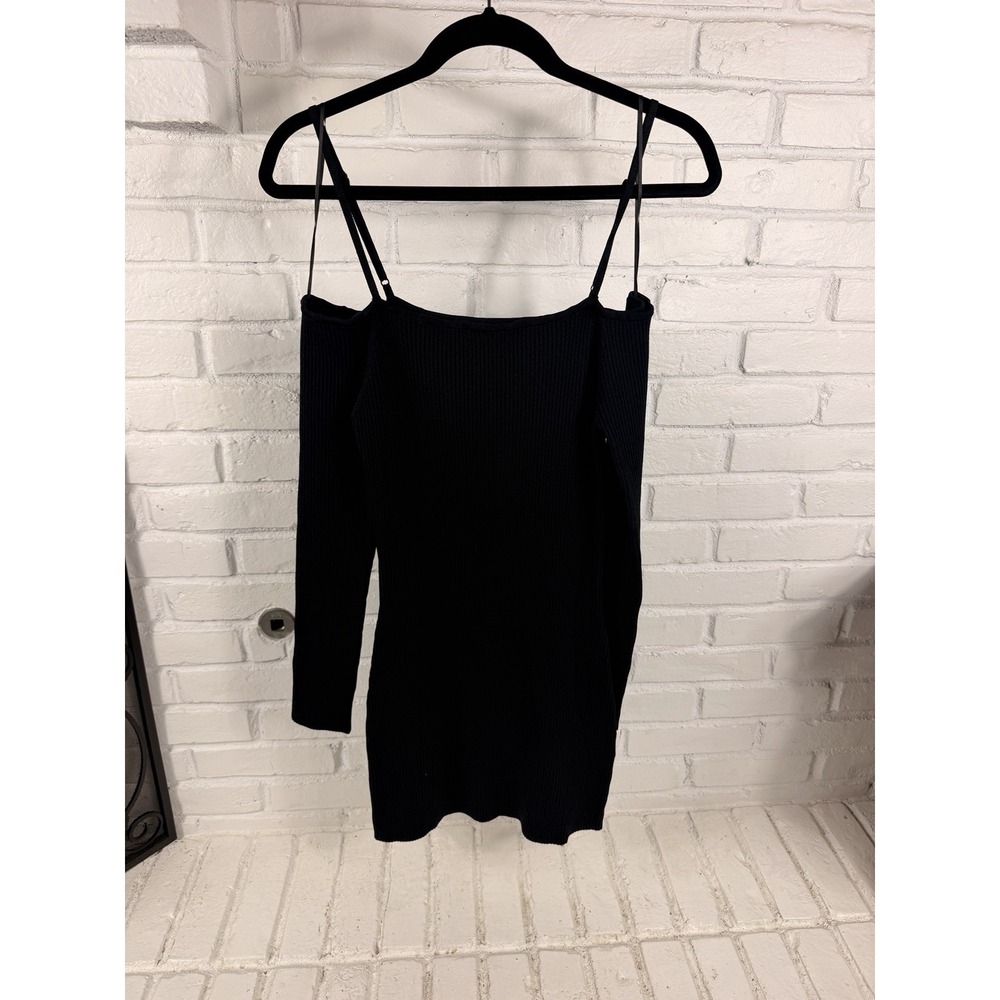 Good American Virgo Womens L Black Ribbed Bodycon Mini Dress Cold Shoulder